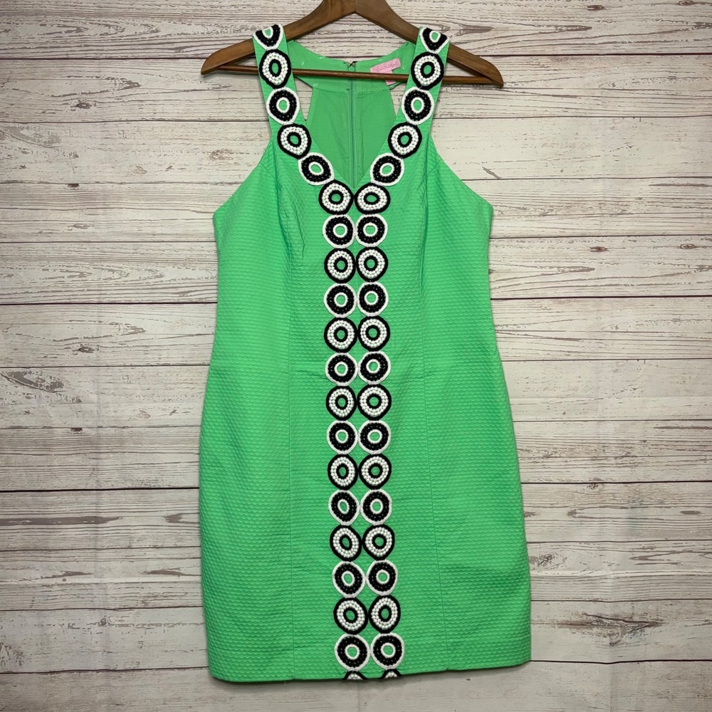 Lilly Pulitzer Green Cotton Shift Dress Crochet Trim Racerback Size 10